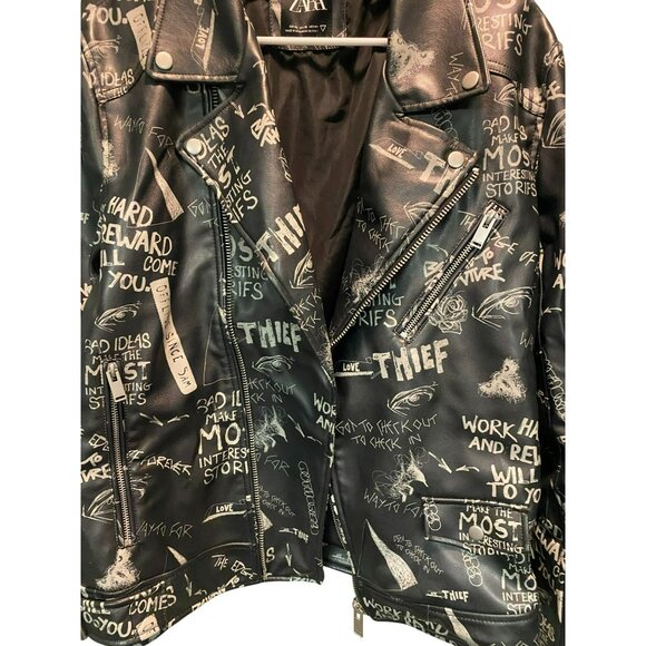 Rare ZARA Womens XL Black Faux Leather Graphic Graffiti Biker Jacket with Zipper - Picture 10 of 11